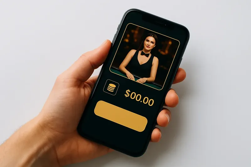 Hand holding smartphone showing dark casino app in city light