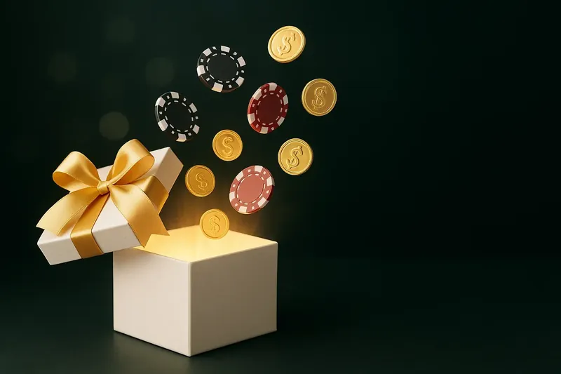 Premium gift box with gold ribbon, glowing light, chips and coins