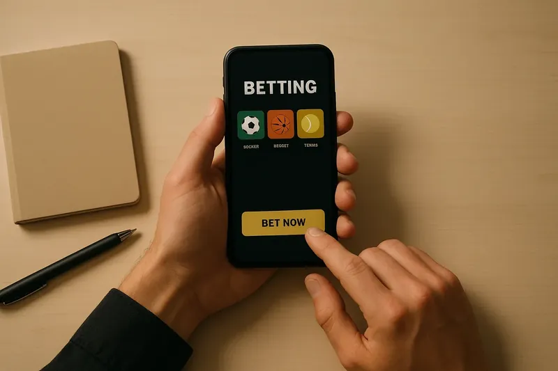 Man's hands using phone with betting app on desk