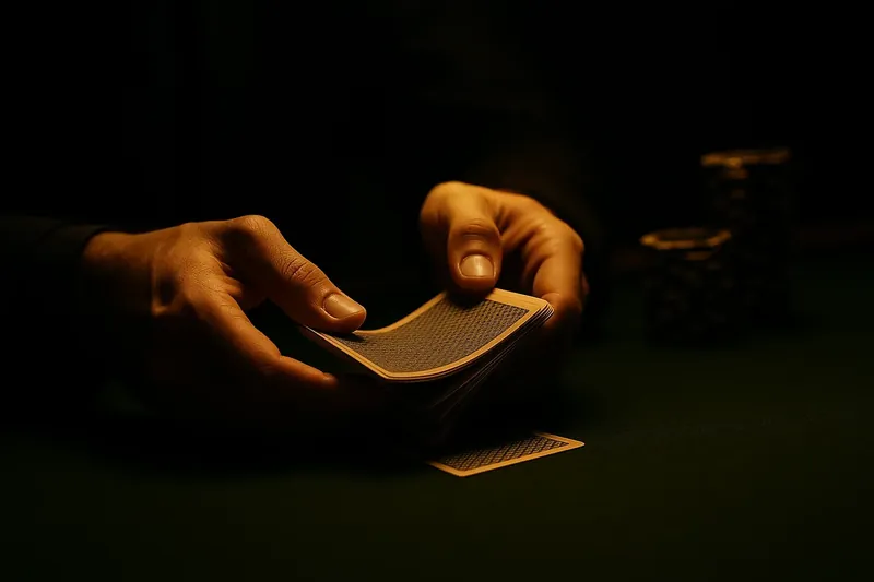 Close-up of dealer hands shuffling cards above green felt table