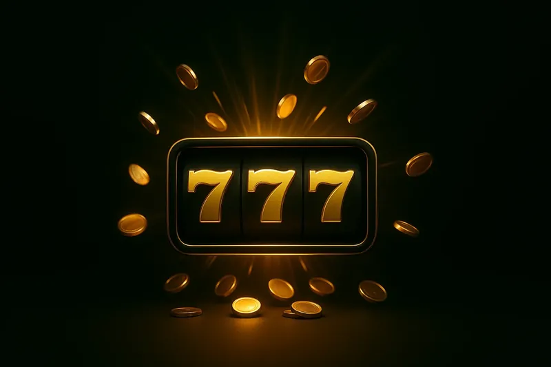 Slot machine jackpot with golden 777, coins, and neon light beams
